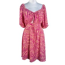 Sienna Sky Tropical Puff Sleeve Dress Womens Medium Pink Excellent Smocked Back
