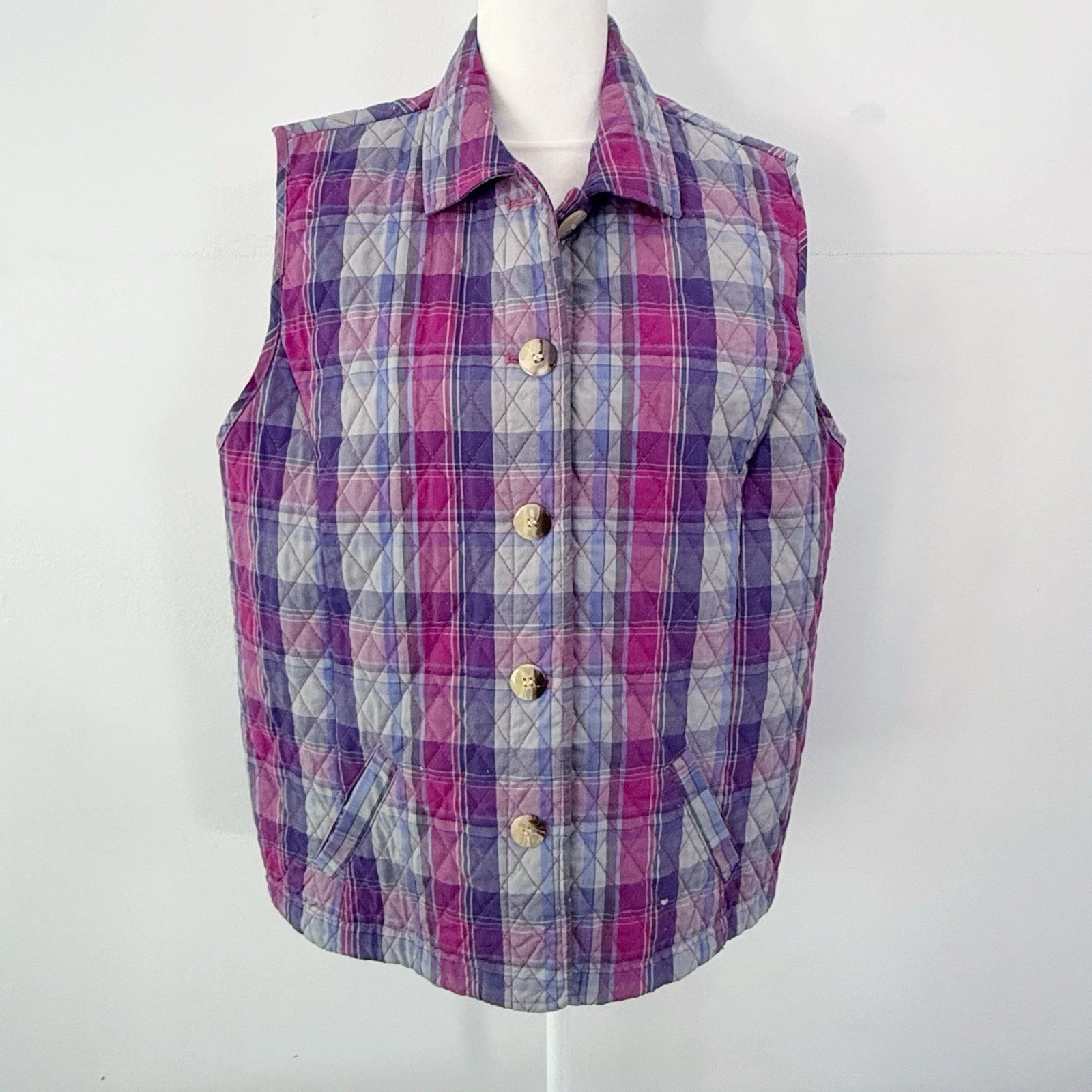 Vintage Women Quilted Plaid Button Down Vest Large Cabin Woodland Outdoors