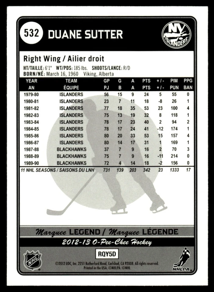2012-13 O-Pee-Chee RAINBOW FOIL  Duane Sutter New York Islanders #532 - Image 2 of 2