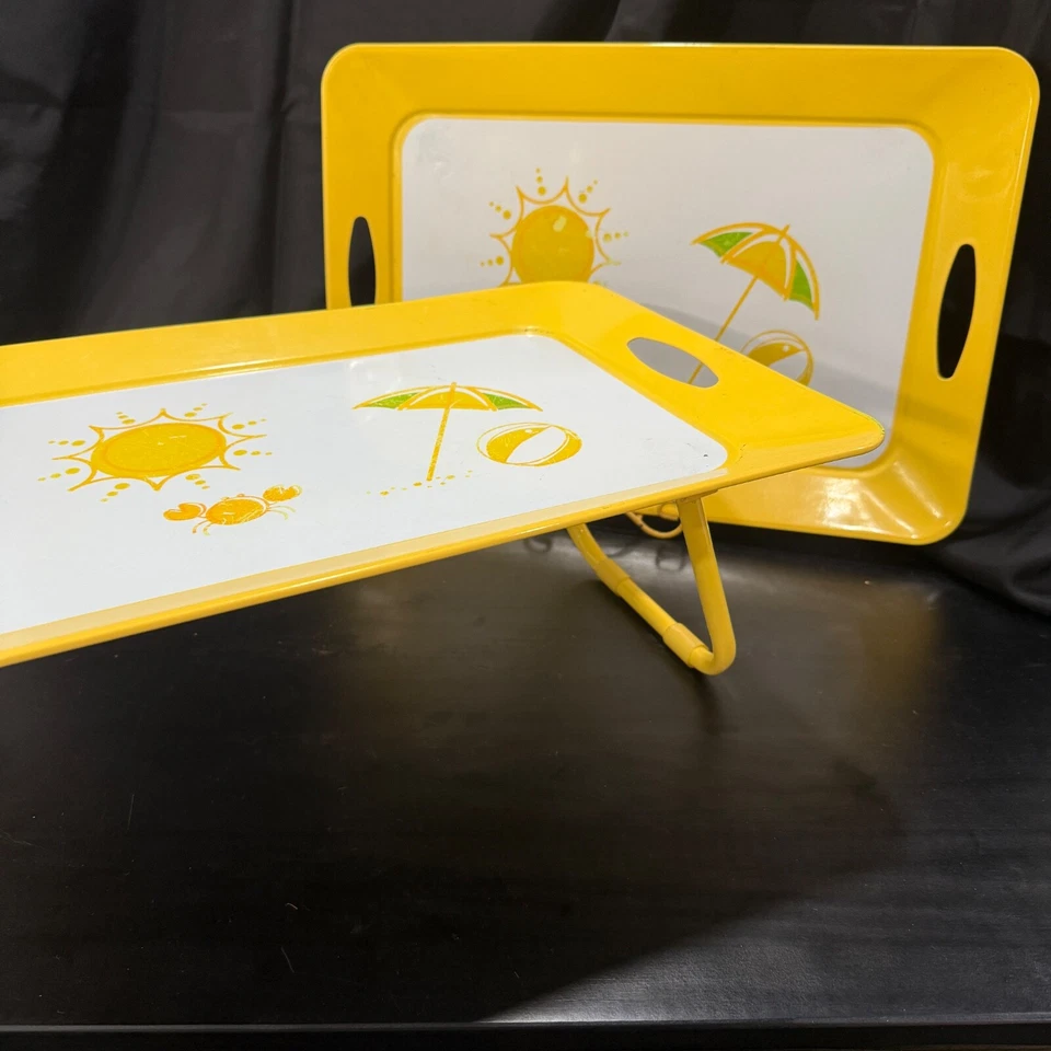 Two Matching Yellow TV Trays w/Build-in 7” Stands Beach Ball Sun Umbrella Crab - Image 2 of 4