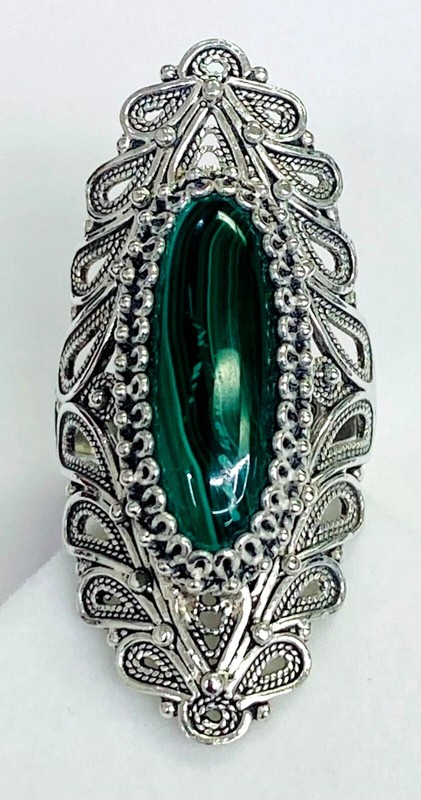 HSN Ottoman Sterling Silver Oval Malachite Elongated Statement Ring Size 7