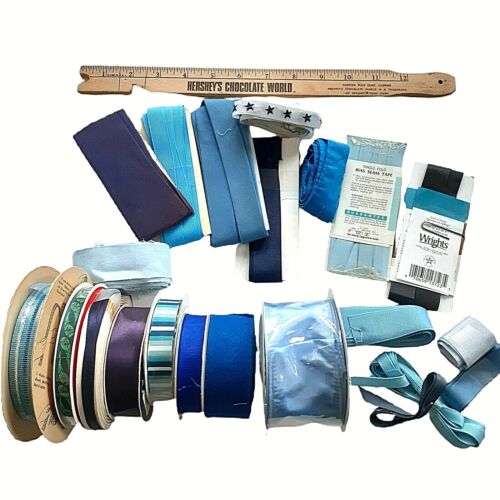 Lot of Blue Grosgrain Regular Ribbon Binding Craft Sewing Yardage Bundle Drawer - Picture 1 of 7