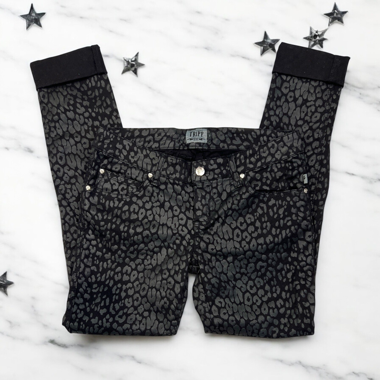 Tripp NYC Low Rise Black Leopard Punk Rockstar Pants Size 7