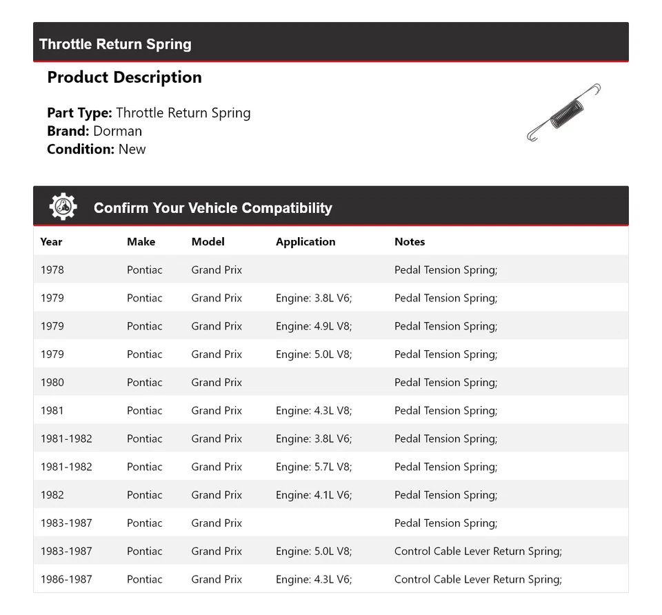 Para Pontiac Grand Prix Dorman 1978-1987 acelerador retorno resorte 1979 1980 1981 Foto 2 de 4