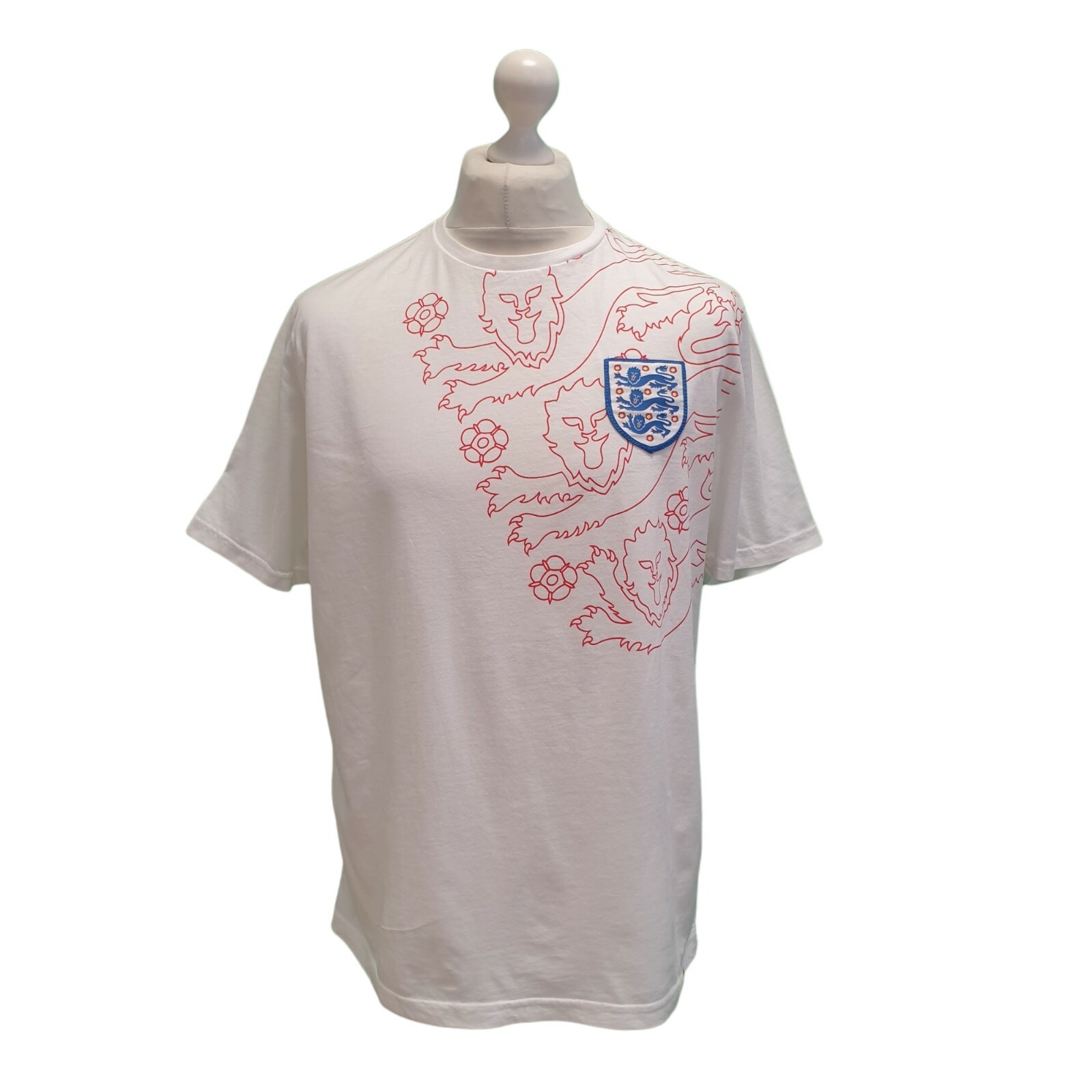 Men's England Football Club 3 Lion Retro White Red Sh… Gem