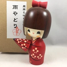 Japanese Kokeshi Wooden Doll 5.5"H Girl Red Kimono Umbrella Ameyadori JAPAN MADE
