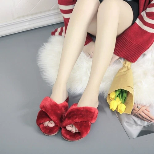 Damen Plüsch Hausschuhe Kunstfell Slipper warm pelzig flach Schuhe offene Zehenpartie grün - Bild 11 von 25