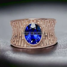 Blue Sapphire Oval Cut With 925 Sterling Silver Gold Plated Ring For Men #360 *