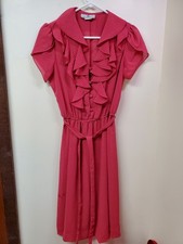 Vintage Jonathan Martin Maxi Dress 9-10 Pink Belted Button Front Ruffled Neck