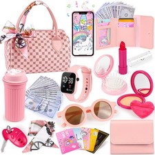 Play Purse for Little Girls, 32PCS Toddler Purse with Pretend Makeup for Kids, P