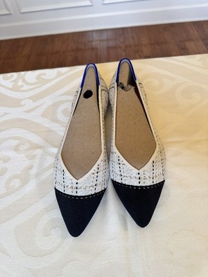 Rothy's Sz 9 The Point Moonlight Tweed Cap Toe flats cream black and gold accent