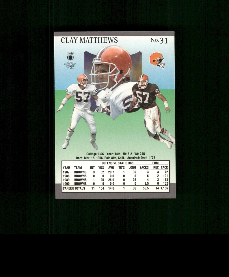 1991 Fleer Ultra #31 Clay Matthews   Football Card  Cleveland Browns - Image 2 of 2