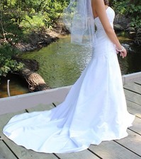 Satin Strapless Wedding Dress with Beaded Bodice white color, medium long length