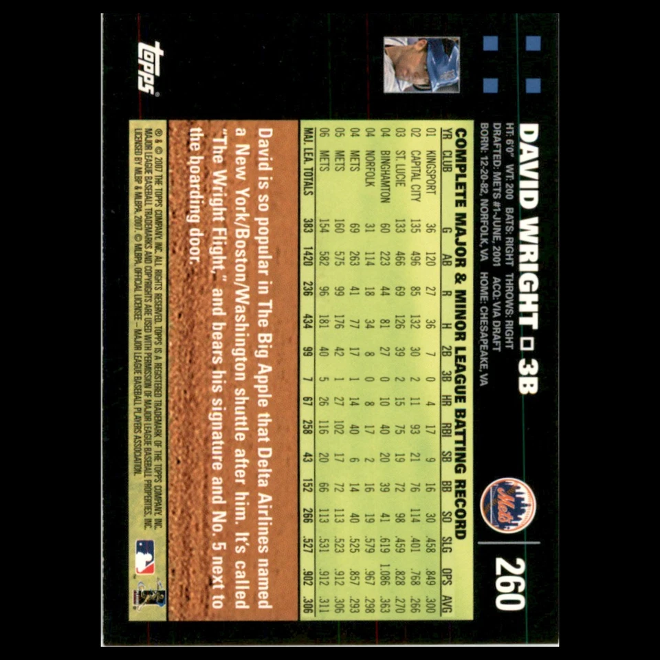 David Wright #260 2007 Topps New York Mets Baseball Card MLB NM - Image 2 of 3