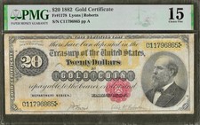1882 $20 Gold Certificate Fr. 1178 Lyons | Roberts - PMG 15