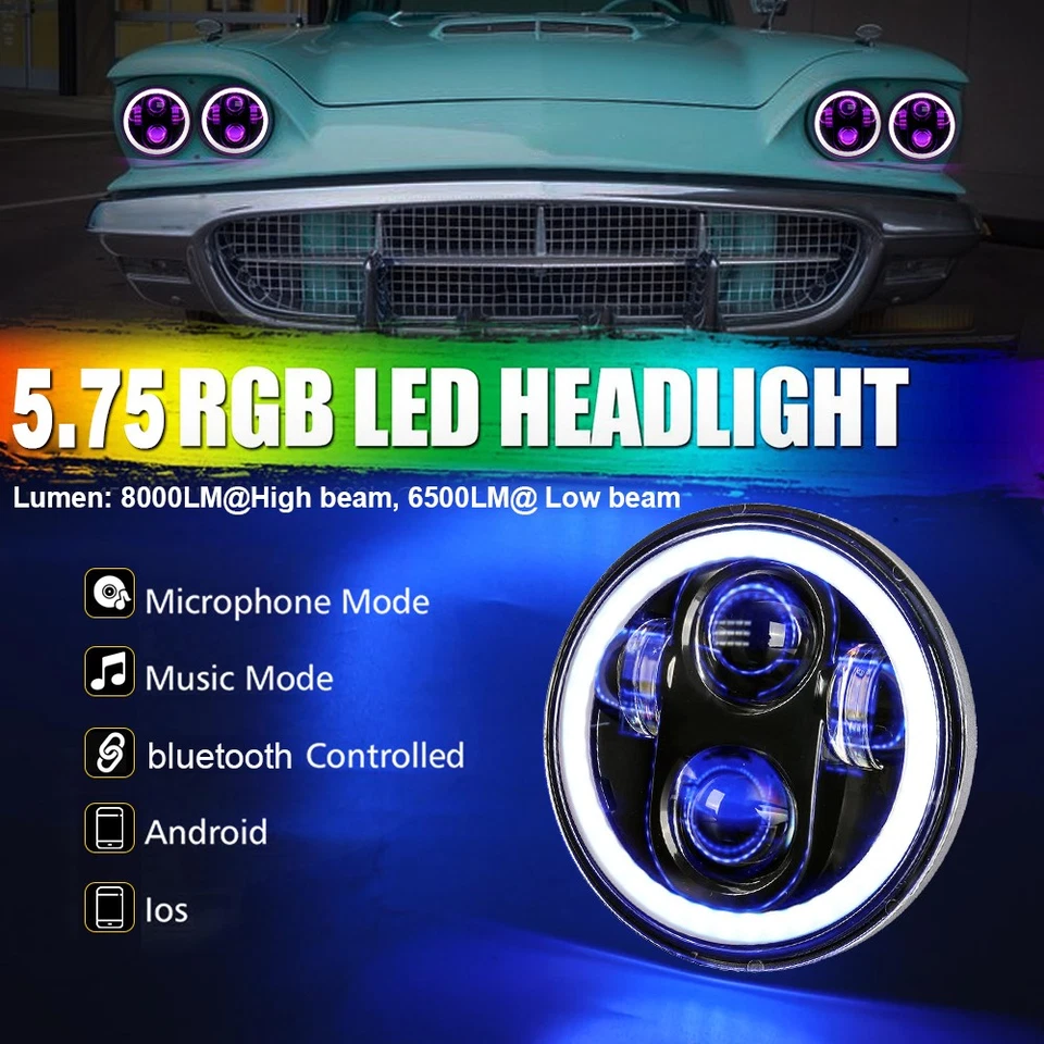 For 1969-1975 Fiat 124 4Pcs 5.75" inch LED Headlights Hi/Lo RGB Ring bluetooth - Image 2 of 4