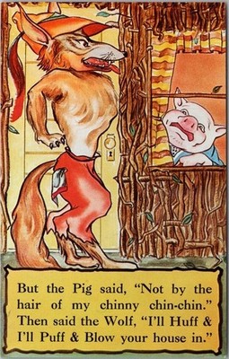 THREE LITTLE PIGS Nursery Rhyme POSTCARD Wolf / House of Sticks #6 of 12 / c1959