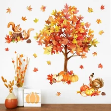 Mfault Fall Thanksgiving Maple Tree Wall Decals Stickers, Autumn Woodland Tur...