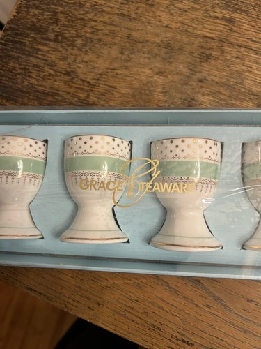 Graces Teaware Set Of 4 Egg Cups Robins Egg Blue And Gold New - Picture 4 of 4