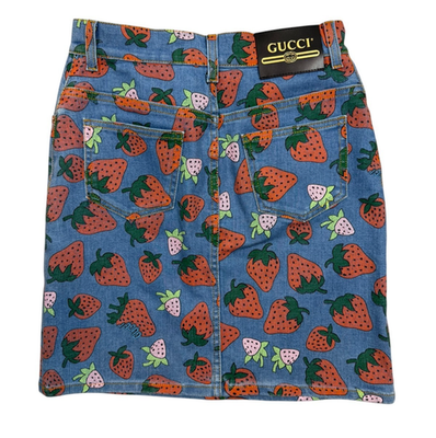 GUCCI Women's Denim Mini Skirt Strawberry Print Blue Jean Size 40