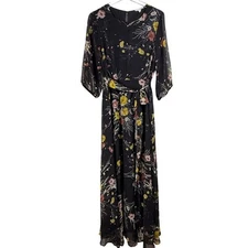 Baltic Born REBECCA BOTANICAL Floral Maxi Dress Belted Flowy Women LARGE CHIFFON
