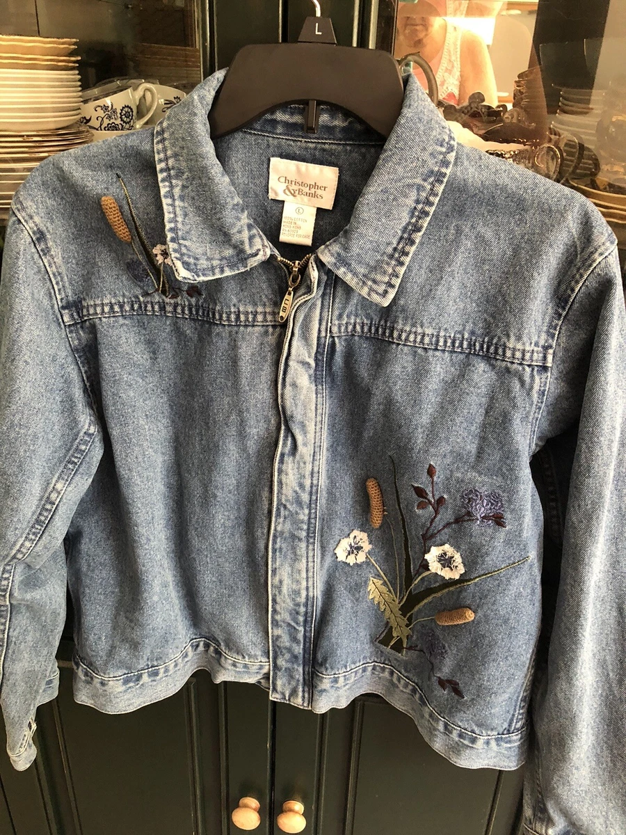Christopher Banks Denim Jacket Woman s Sz L Embellished W Embroidered Flowers