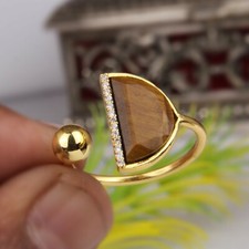 Tiger Eye D Shape Adjustable Ring 925 Silver Gold Plated Engagement Ring