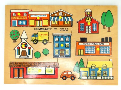 Fisher Price #502 Community Puzzle Pick-Up & Peek Wood 10 Pieces