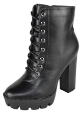 Top Moda Chunky High Heel Combat Boots Zipper Lug Platform Booties DALE Black PU