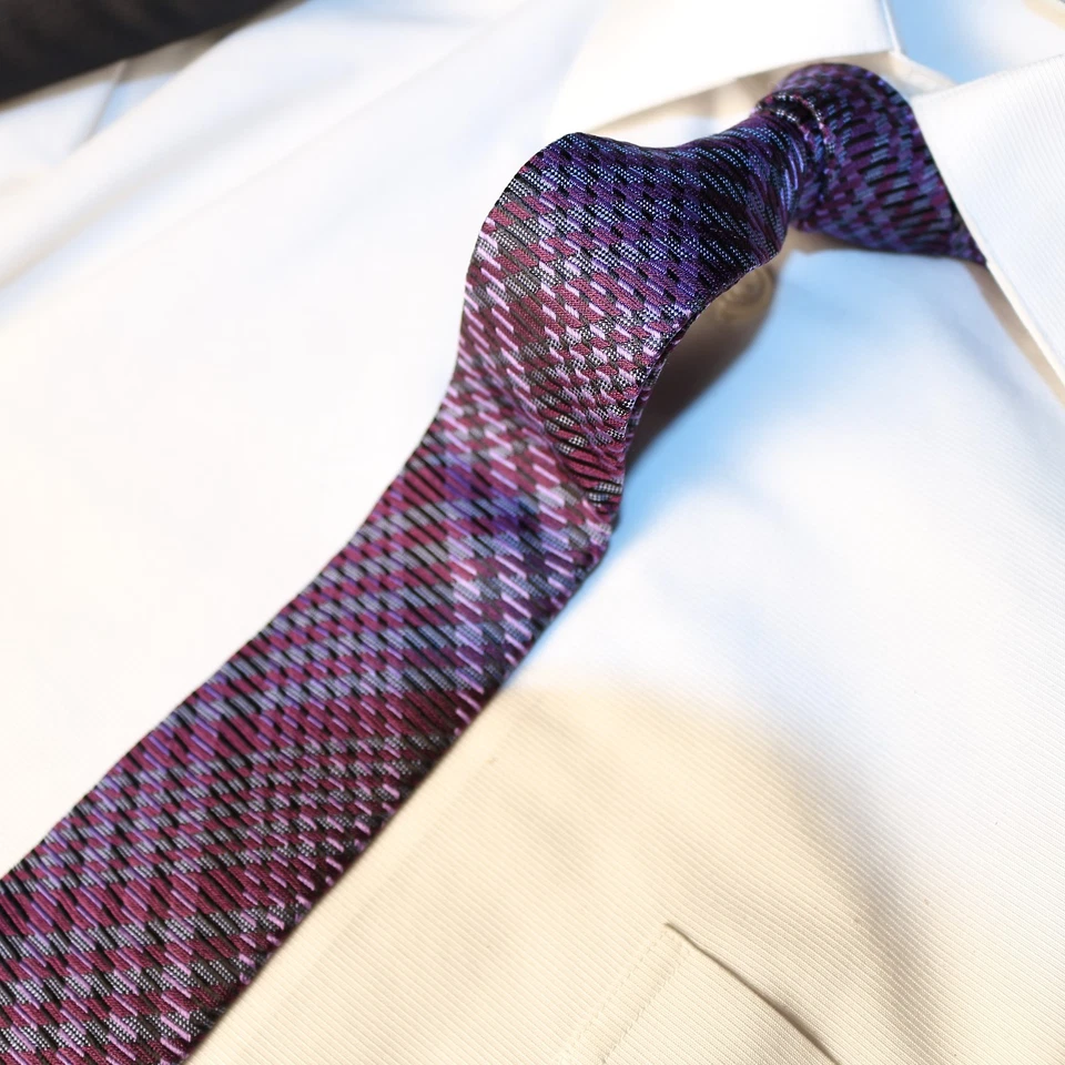 BEN SHERMAN 薰衣草紫色灰色格子丝绸编织紧身领带 58.75 英寸长 x 2.5 瓦 — 第 3/4 张图片