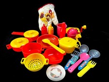 24 Piece Lot Misc Kitchen Toys Mixed Play Dishes Pots Condiments Utensils Mitt