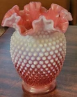 Fenton Opalescent Pink Cranberry Hobnail Ruffle Crimped Rim 7.5" VASE-Vintage