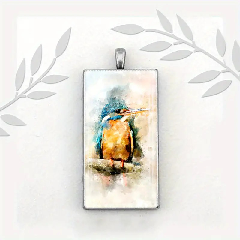 Kingfisher Bird Rectangle Inspirational Jewelry Metal Glass Pendant Necklace - second product detail image