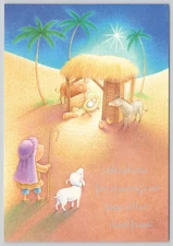 Greeting Card Lamb and Shepherd Seek Jesus in a Manger in the Desert Christmas