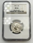 1943-P Washington Silver Quarter 25C NGC MS66 BU UNC Philadelphia US Coin BM1