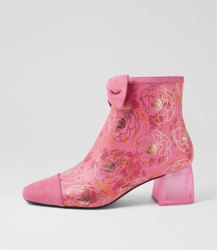 New Django & Juliette Mensah Pink Orange Flower Suede Leather Ankle Boots Wom... - Picture 1 of 5