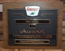 Vintage 1960s Sinclair Dino Gas Station Oil Company 20 Year Service Award Plaque