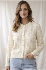 Vintage Chunky Cable Knit Cardigan Sweater Ivory Button Women L Cottage Granny