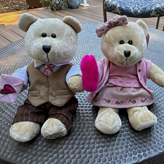 Starbucks 2007 Plush Teddy Bear Couple Pair Pink Beige Brown Coffee & Tea