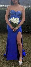 Blue Strapless Formal Gown with Rhinestones, Side Slit, Lace-Up Back