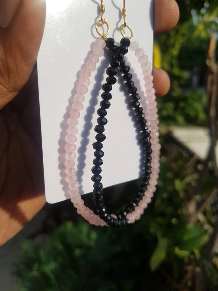 Quarzo rosa e onice pietra preziosa pendente argento sterling 925 orecchino... - Immagine 4 di 4