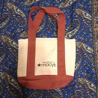 Macys Canvas Tote Bag Beige Red Shopper Small Travel Handbag New