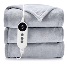 FAST SHIP Heated Electric Blanket 2-Layer, 9 Heat Levels, Auto-Off, Light Grey