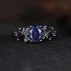 Gothic Blue Sandstone & Amethyst Wine Leaf Engagement Ring 14K Black Gold Plated