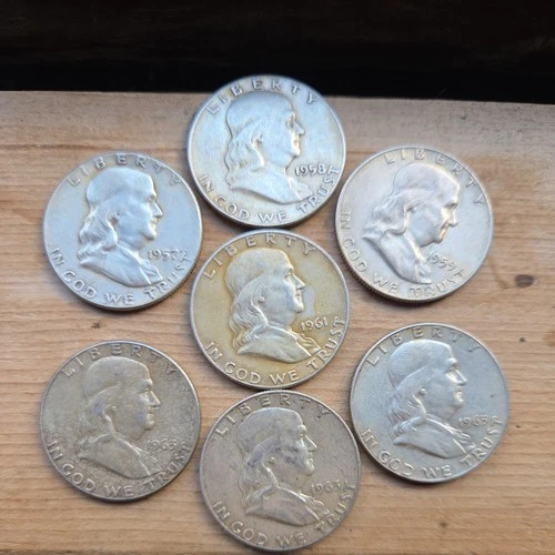 Lot of 7 Franklin 1/2 Dollar Silver Coins,Fifty Cent Pieces - 57, 58, 59, 61, 63