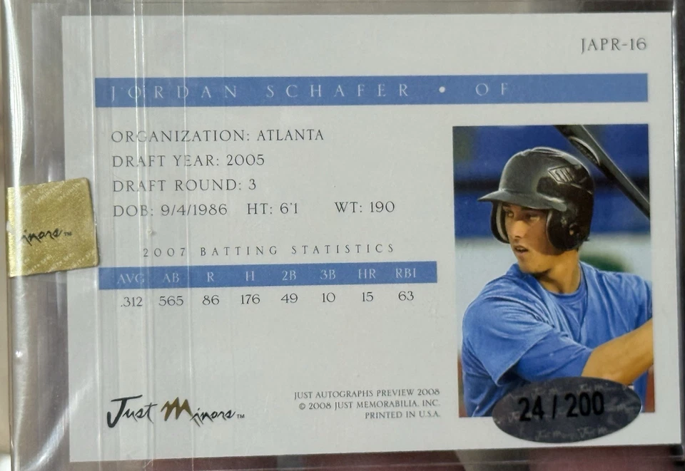 JORDAN SCHAFER 2008 Just Minors Baseball Card AUTO Signed JERSEY RARE #24/200 - Image 2 of 3