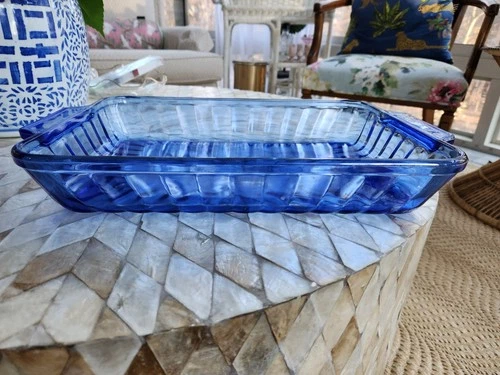 Vintage Anchor Hocking Cobalt Blue Ribbed 8x11.5 2 Qt Casserole Dish Made in USA