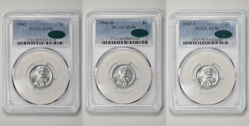 1943 P D S 1c Lincoln Steel Cent PCGS & CAC Green Label AU58 CAC 3 Coin Lot