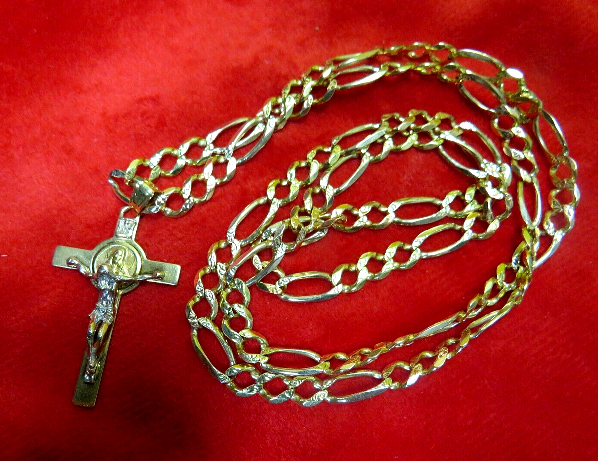 L@@K Real 14K Yellow GOLD FIGARO CHAIN NECKLACE 27