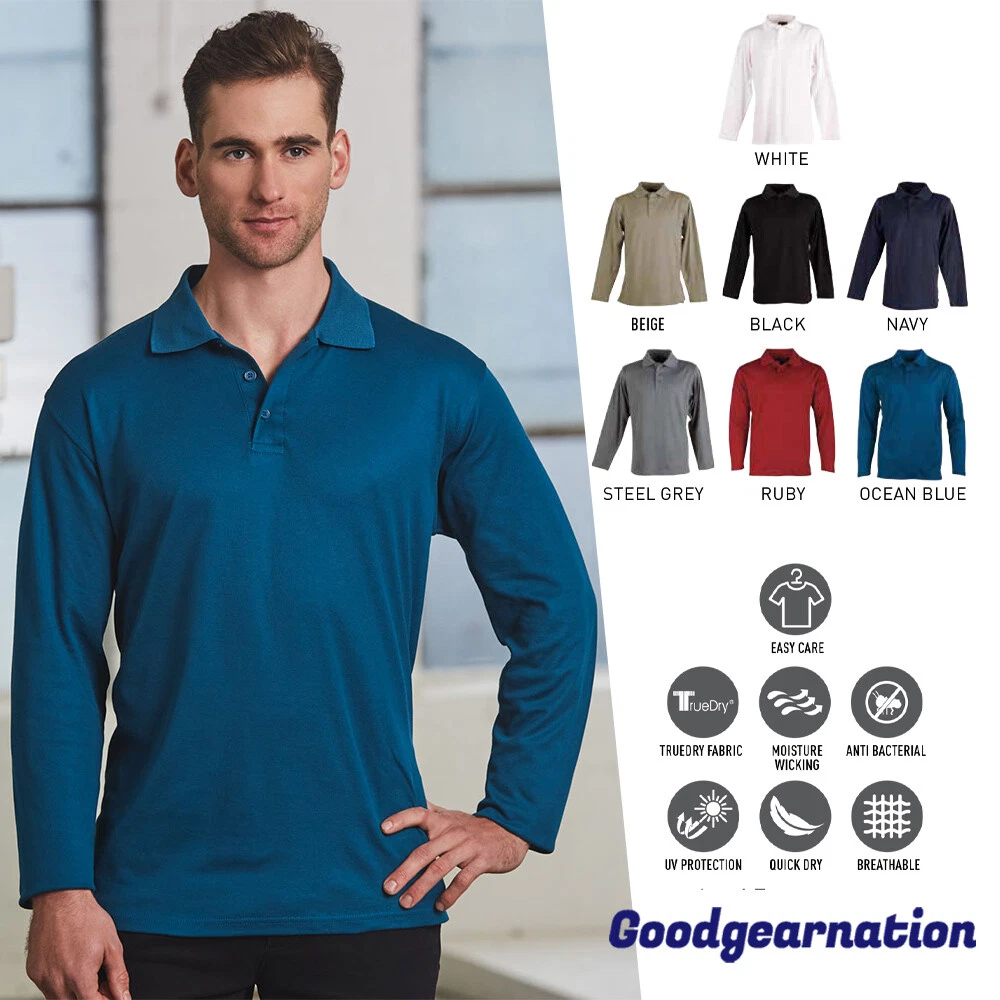 Mens Polo Shirt Cotton Back Solid Plain Colour Casual Sport Long Sleeve
